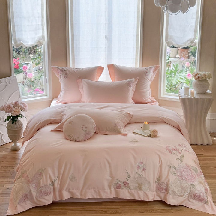 Embroidered Floral Cotton Sateen Duvet Cover Bedding Set with Decorative Shams & Round Throw Pillow