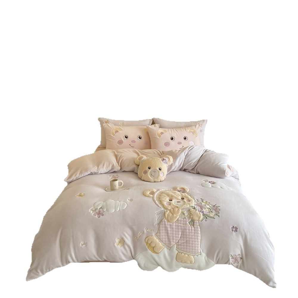 Embroidered Plush Teddy Duvet Cover Set