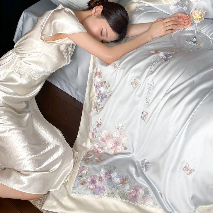 Embroidered Floral Satin-Feel Duvet Cover Set with Lace-Trim Pillow Shams