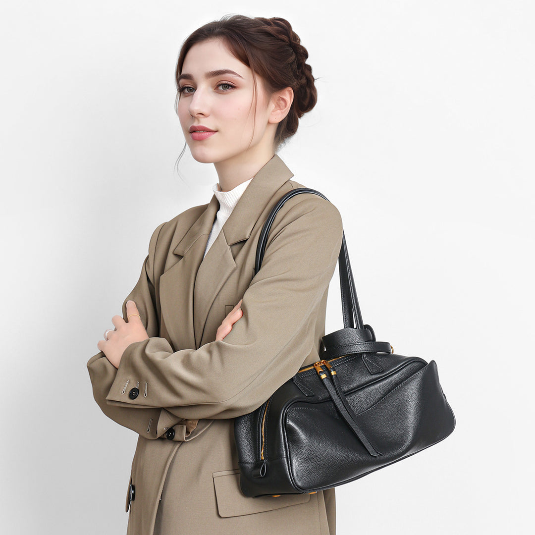 Compact Rectangular Pebbled Shoulder Satchel with Top-Zip and Detachable Strap
