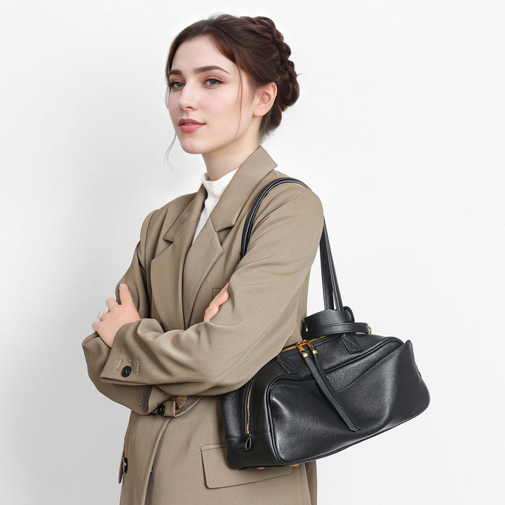 Compact Rectangular Pebbled Shoulder Satchel with Top-Zip and Detachable Strap