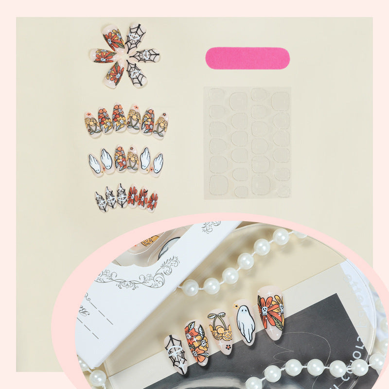 Artistic Press-On Nail Set with Seasonal Floral and Ghost Designs Stornfield