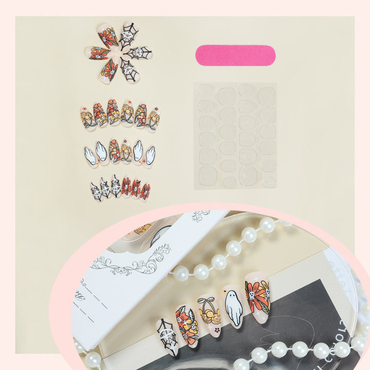 Artistic Press-On Nail Set with Seasonal Floral and Ghost Designs Stornfield