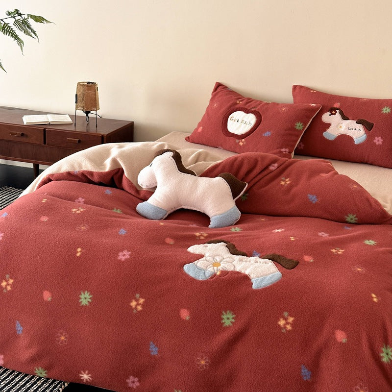 Cozy Reversible Bedding Set with Embroidered Horse Applique and Plush Toy