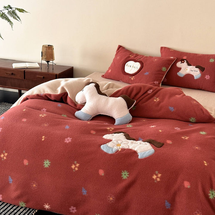 Cozy Reversible Bedding Set with Embroidered Horse Applique and Plush Toy