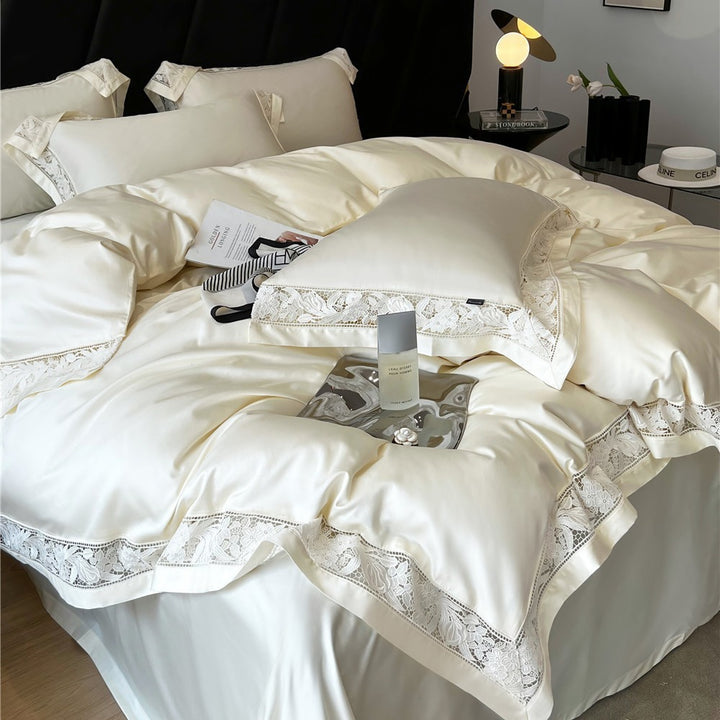 Luxury Lace-Trim Satin Duvet Cover Bedding Set