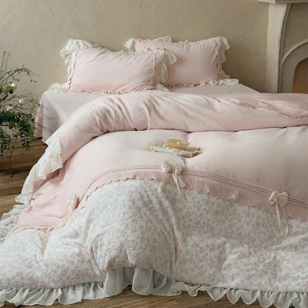 Ruffled Floral Cotton Duvet Cover Set with Sheer Ruffle Bedskirt & Decorative Tie-Bows