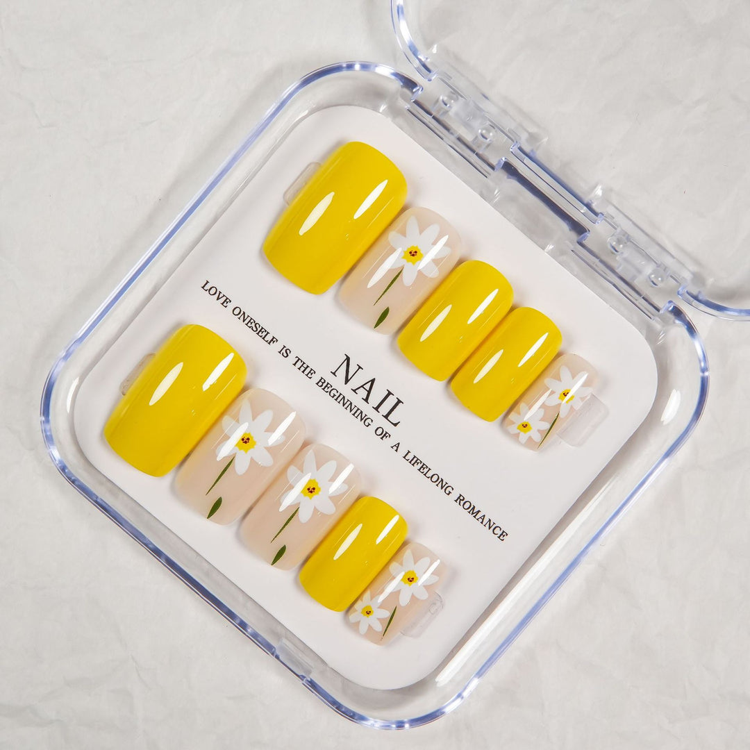 Floral Press-On Nail Set with Yellow Accent