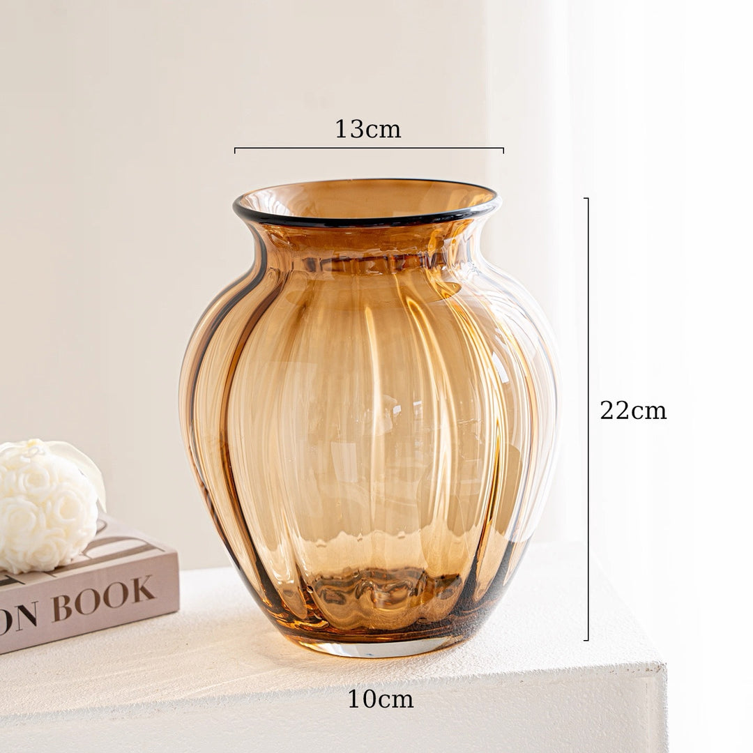 Handblown Ribbed Smoky Glass Bulb Vase with Narrow Neck Stornfield