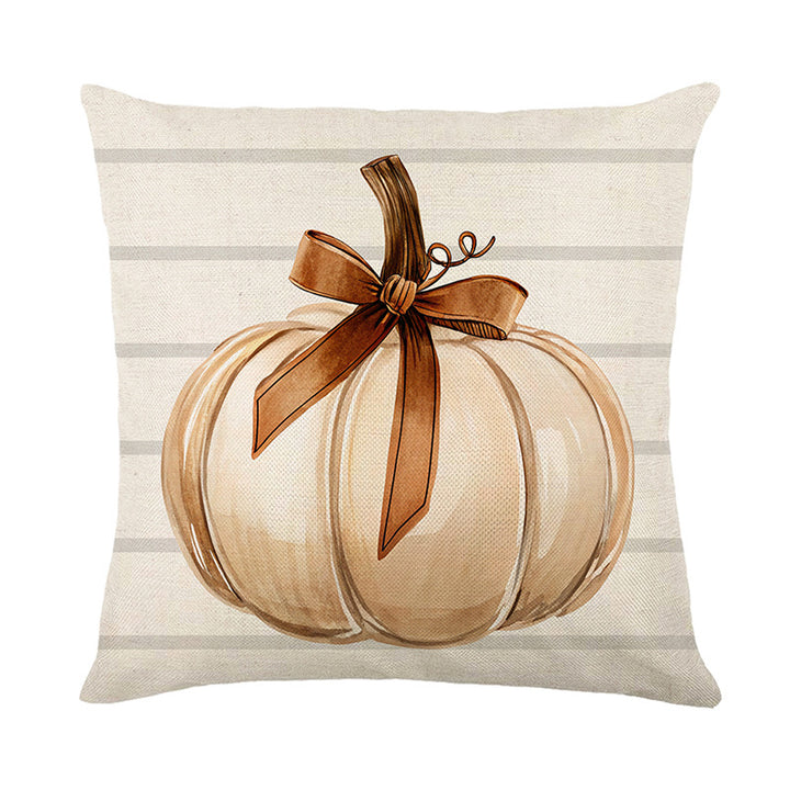 Rustic Farmhouse Autumn Pumpkin Linen-Cotton Throw Pillow Cover with Buffalo Check Bow Print