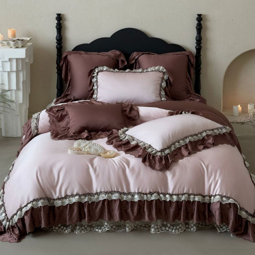 Luxurious satin-like duvet cover set with ruffles and lace trim
