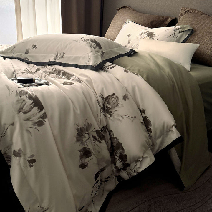 Floral Print Cotton Sateen Duvet Cover Set with Reversible Back and Piped Edging