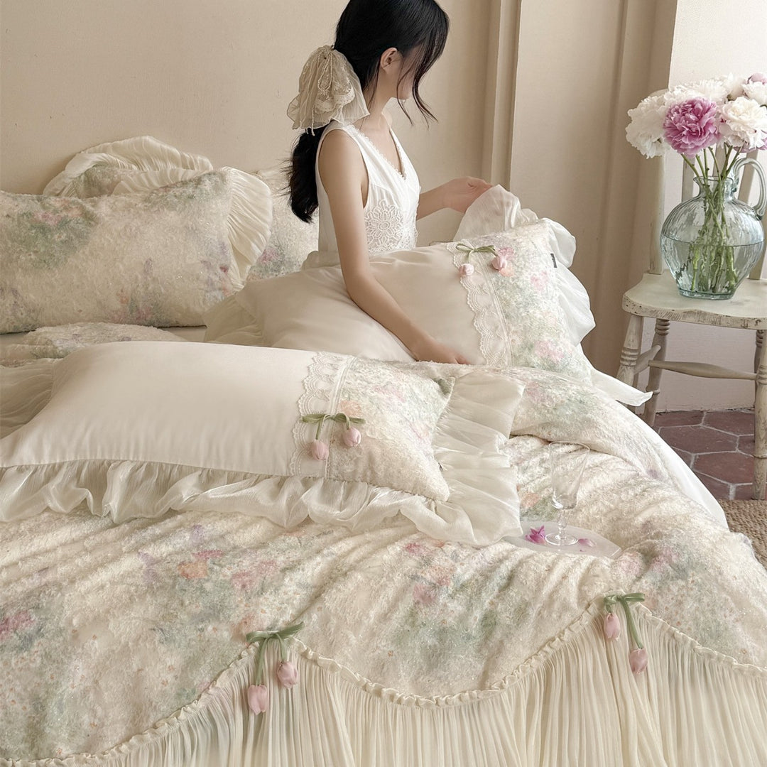 Luxurious Plush Floral Embroidered Ruffled Bedspread and Pillowcase Set