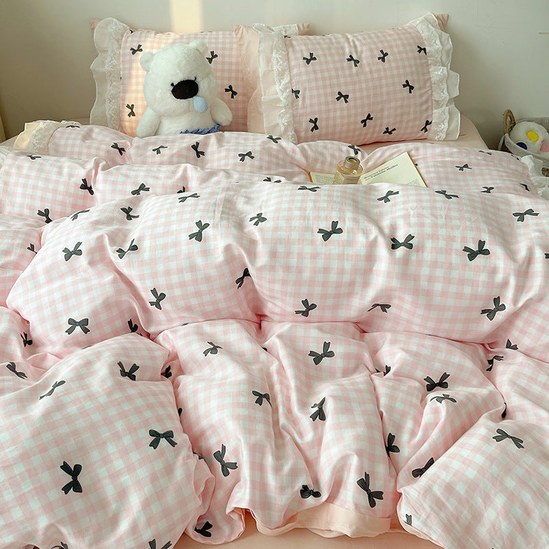 Gingham Cotton Duvet Cover Set with Black Bow Print and Ruffled Lace Sham