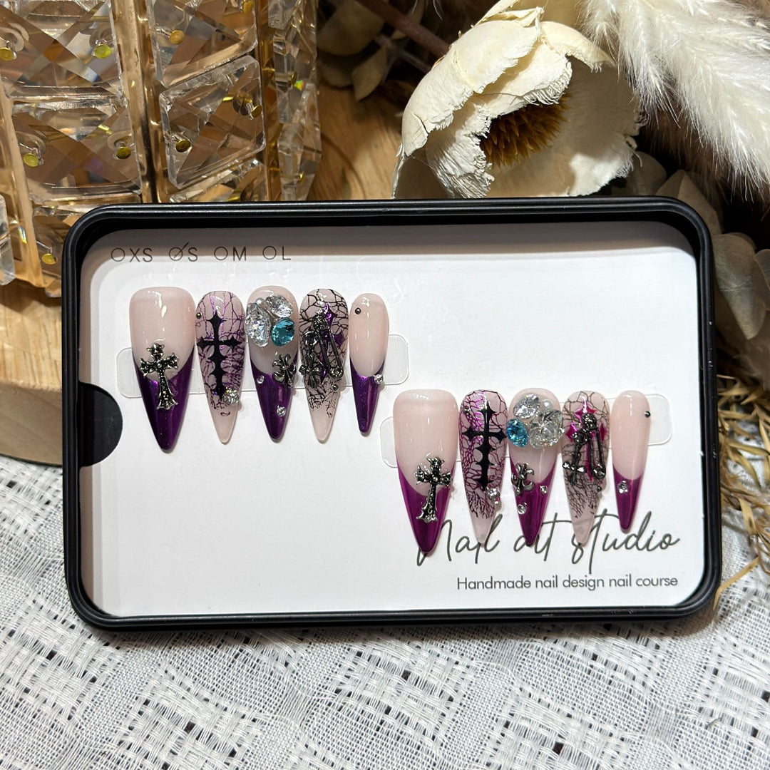 Artistic Stiletto Press-On Nail Set with Unique Floral and Gemstone Accents Stornfield