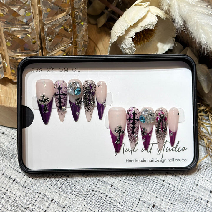 Artistic Stiletto Press-On Nail Set with Unique Floral and Gemstone Accents Stornfield