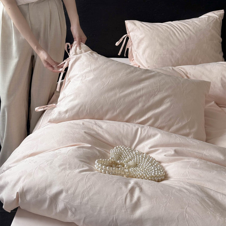 Jacquard Floral Satin-Feel Duvet Cover Set with Corner Ties & Bow-Tie Pillowcases