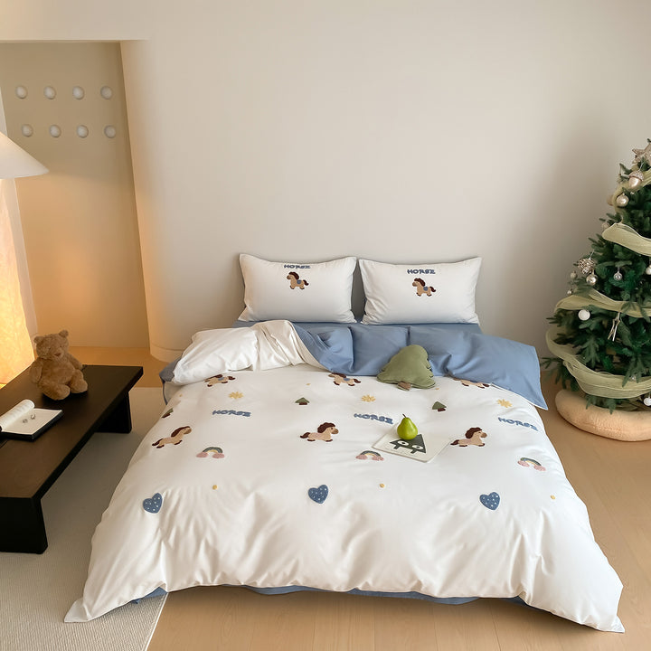 Children's Embroidered Horse Cotton Sateen Duvet Cover Set