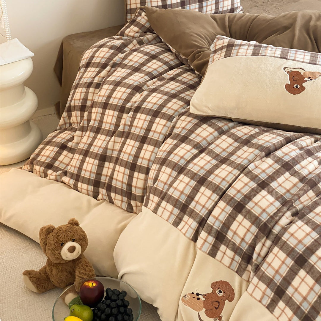 Embroidered Striped Cotton Flannel Duvet Cover Set with Pom-Pom Edge