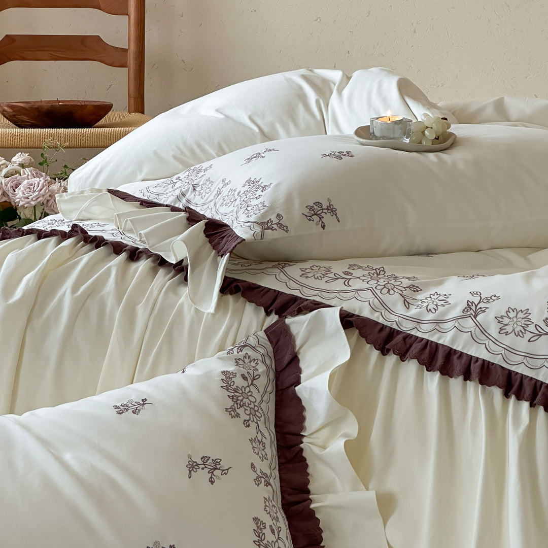 Embroidered Floral Sateen Duvet Cover with Ruffled Bed Skirt and Decorative Shams