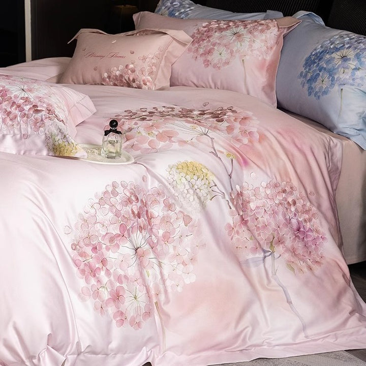 Silky Sateen Hydrangea-Print Duvet Cover Set with Reversible Back and Decorative Shams