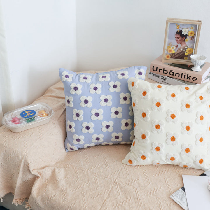 Square decorative cushion cover with hand-tufted flower relief and bouclé applications Stornfield