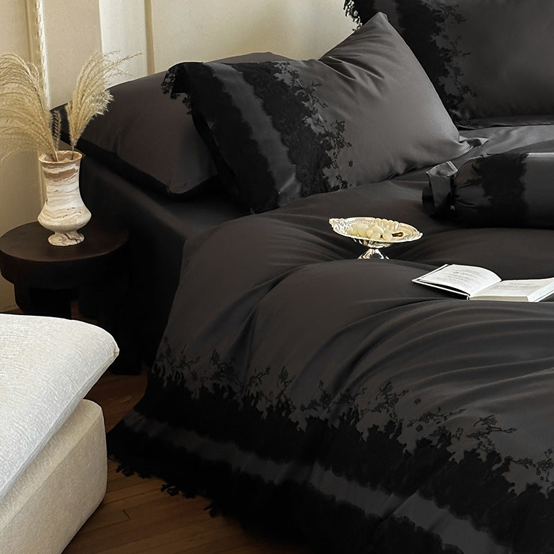 Shiny satin bedding set with fine lace application and floral relief embroidery