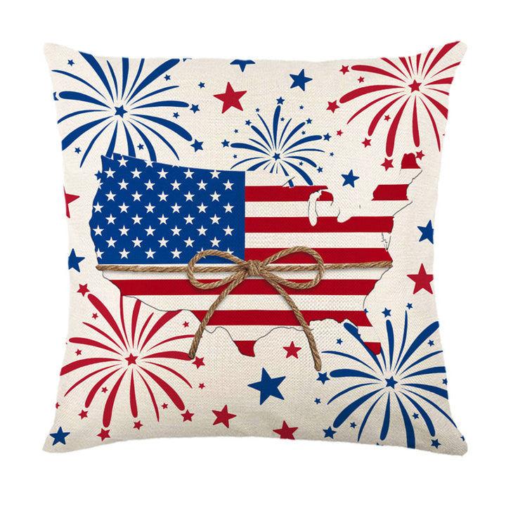 Decorative Cotton-Linen Throw Pillow Cover with Patriotic Star and Fireworks Print