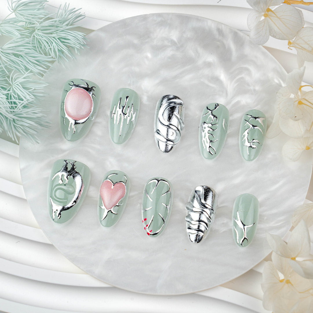 Artistic Press-On Nail Art Set with Silver and Crystal Accents Stornfield