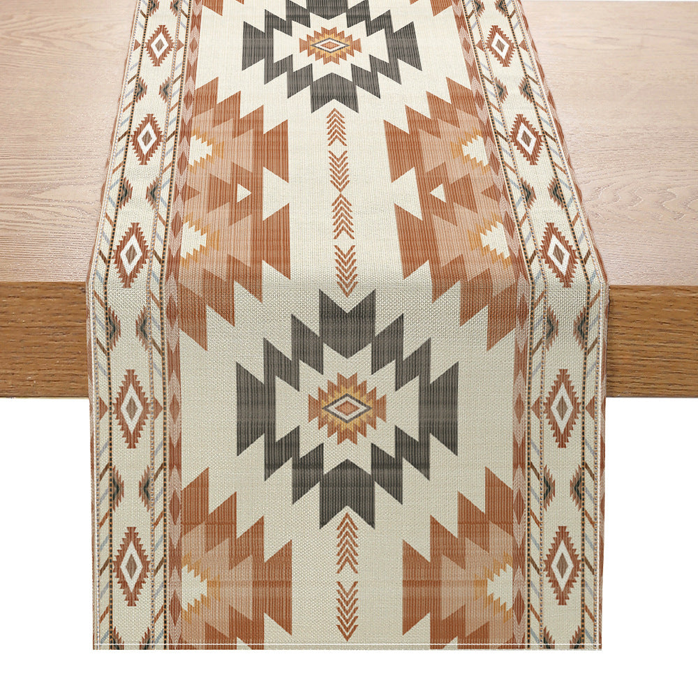 Southwestern Pattern Cotton-Linen Table Runner with Aztec Geometric Print