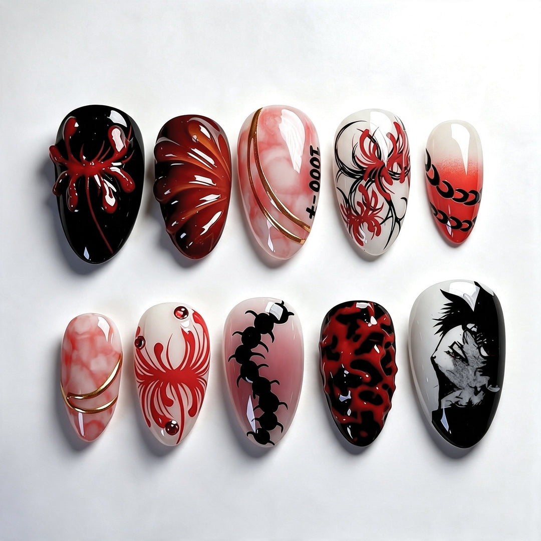 Artistic Press-On Nail Art Set with Intricate Spider and Skull Designs Stornfield