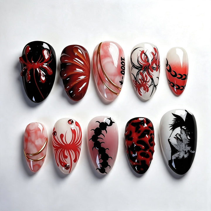 Artistic Press-On Nail Art Set with Intricate Spider and Skull Designs Stornfield