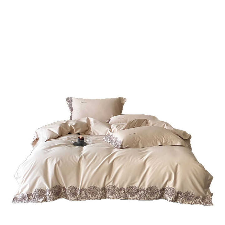 Cotton satin duvet cover set with fine floral border embroidery and silky feel