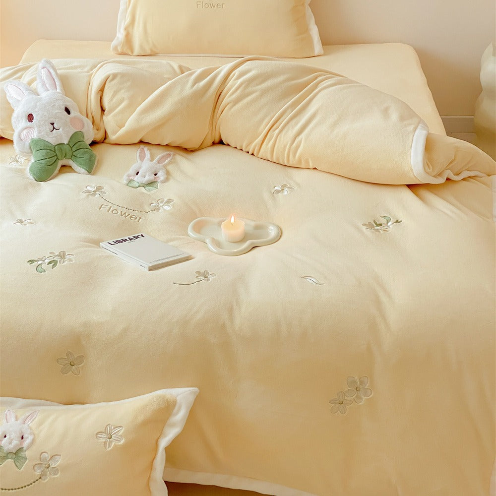 Embroidered Floral Bunny Duvet Cover & Pillowcase Bedding Set