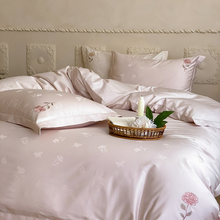 Luxurious cotton satin duvet cover set with fine rose embroidery and jacquard relief