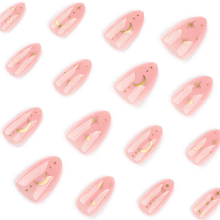 Artful Nail Extensions with Moon-Shaped and Star-Shaped Decorations Stornfield