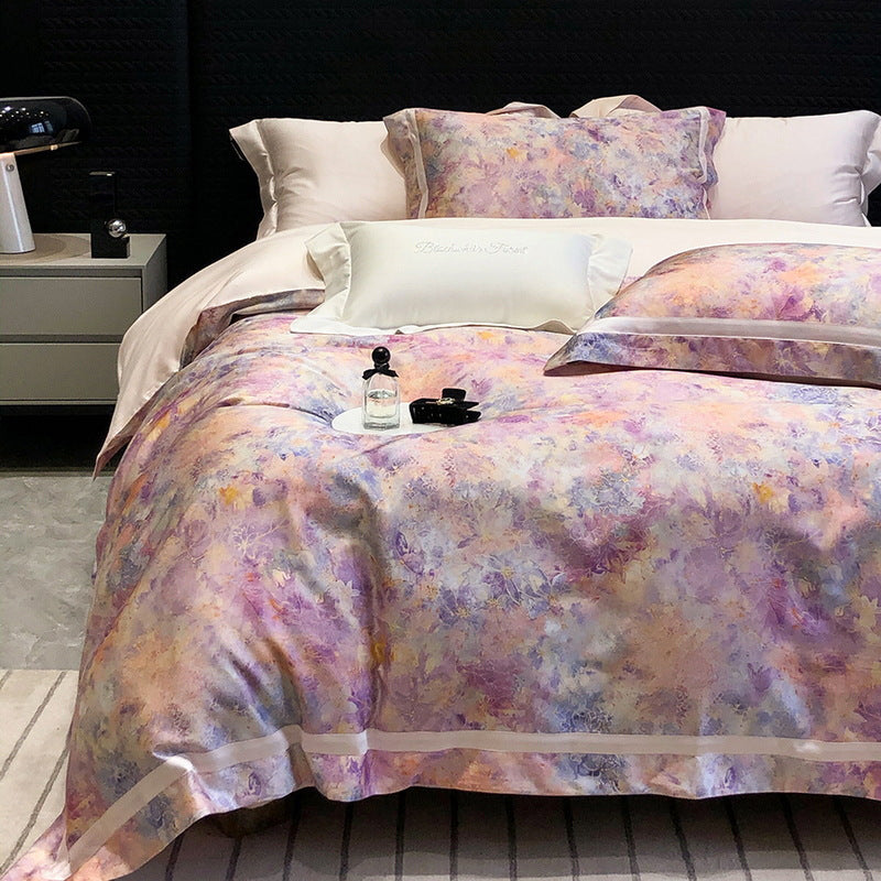 Satin-Feel Watercolor Floral Duvet Cover Set with Pillow Shams