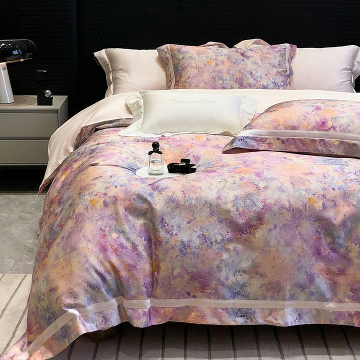 Satin-Feel Watercolor Floral Duvet Cover Set with Pillow Shams