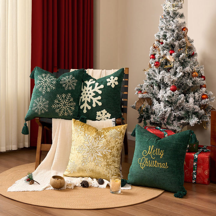 Square Velvet Embroidered Snowflake Pillow Cover with Corner Tassels