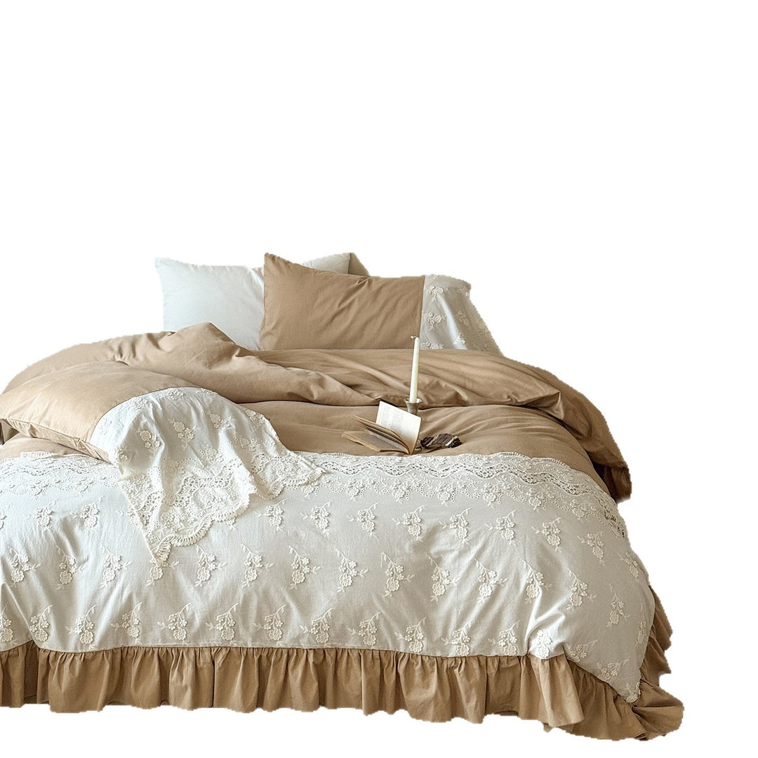 Vintage-Inspired Embroidered Lace-Trim Duvet Cover & Ruffled Bedskirt Set