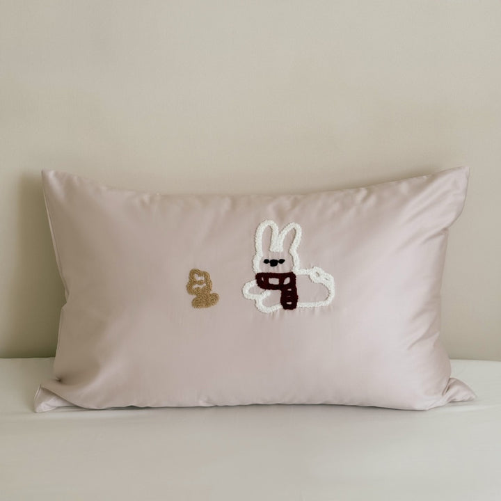 Children's Cotton Sateen Pillowcase with Embroidered Bunny Appliqué & Decorative Bow