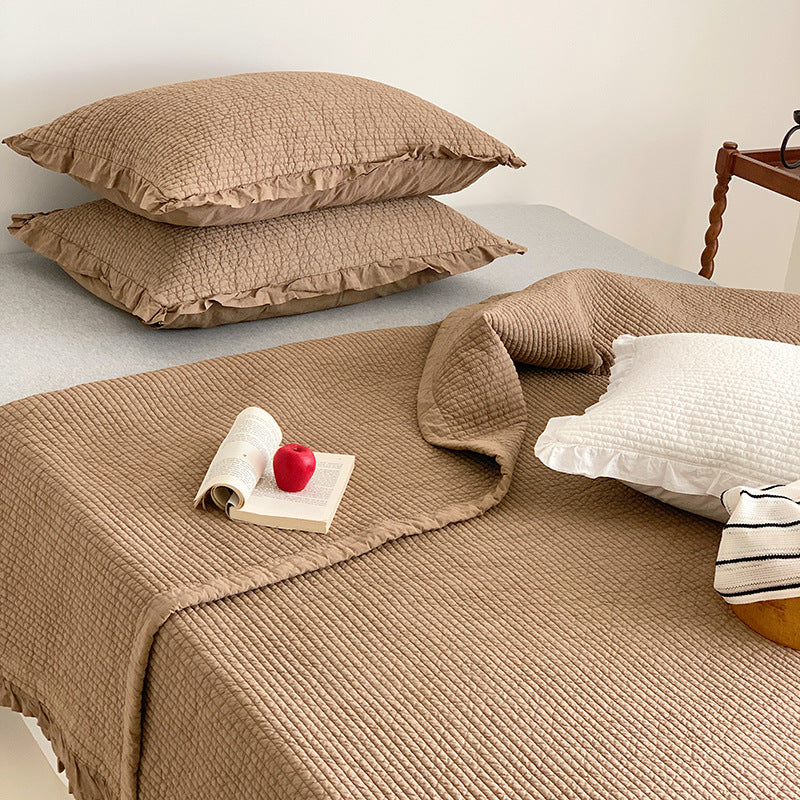 Textured Ribbed Quilted Bedspread Set with Ruffled Edge Pillow Shams