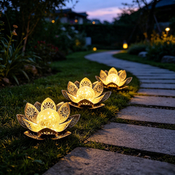 Decorative Solar Lotus LED Garden Lantern With Crackle Glass Globe And Laser-Cut Metal Petals Stornfield