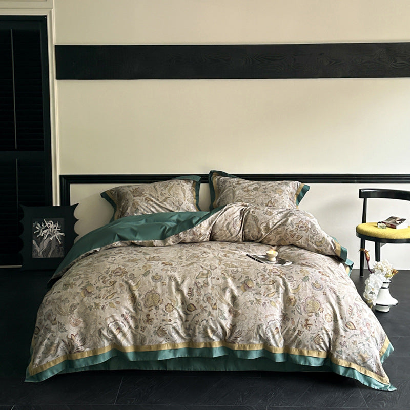 Reversible bedding set made of cotton satin with floral jacquard look and decorative hem