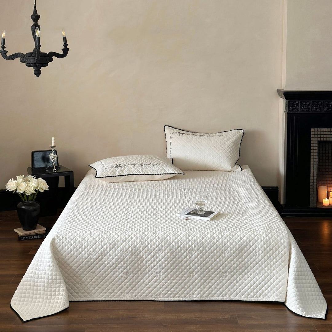 Ruffled Quilted Bedspread Ensemble with Euro Sham, Round Ruffle Accent Pillow & Embroidered Detail