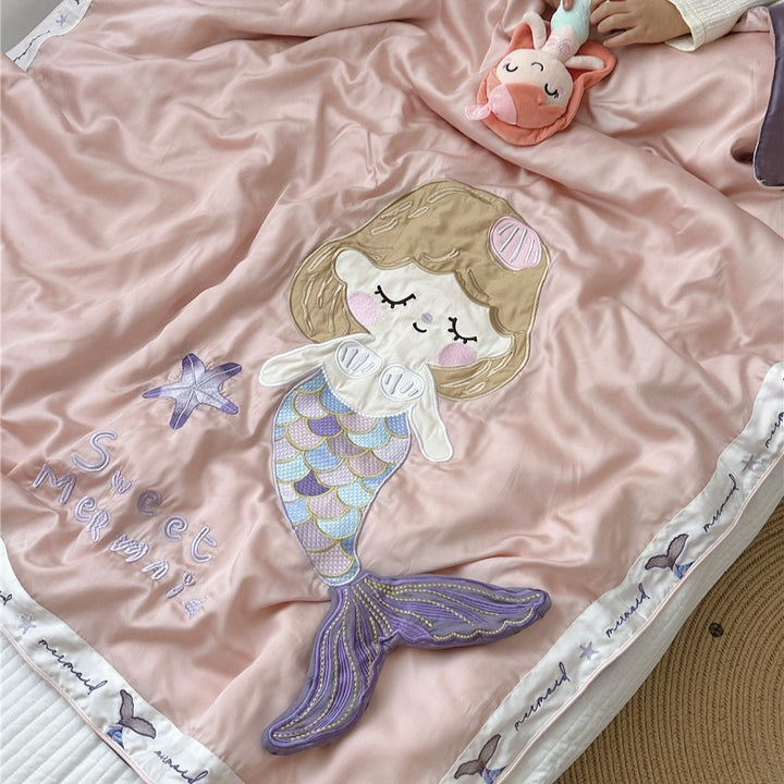 Kids Mermaid Appliqué Embroidered Duvet Cover and Pillowcase Set