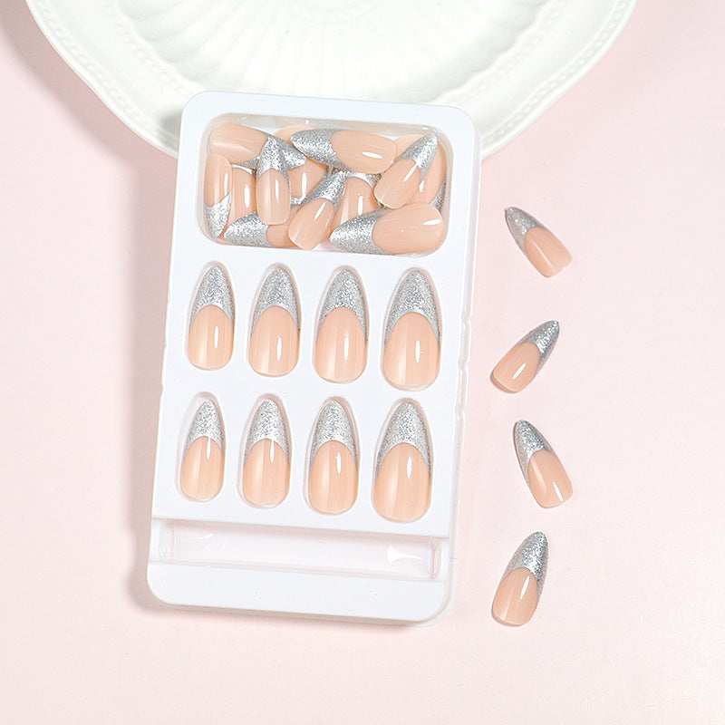 Elegant Glossy Almond-Shaped Press-On Nails with Silver Glitter Tips Stornfield