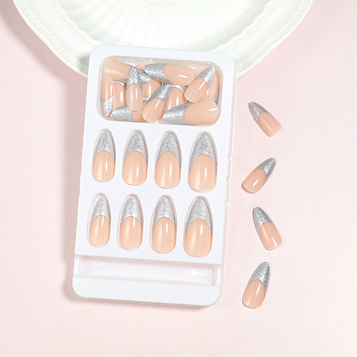 Elegant Glossy Almond-Shaped Press-On Nails with Silver Glitter Tips Stornfield