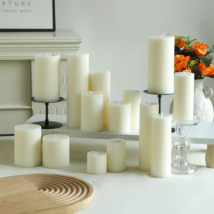 Ribbed Pillar Candle Collection with Graduated Heights and Drip-Resistant Finish