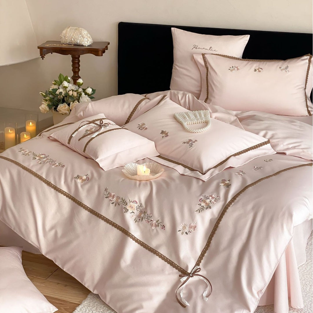 Embroidered Satin Sateen Duvet Cover Set with Lace-Trim Pillow Shams